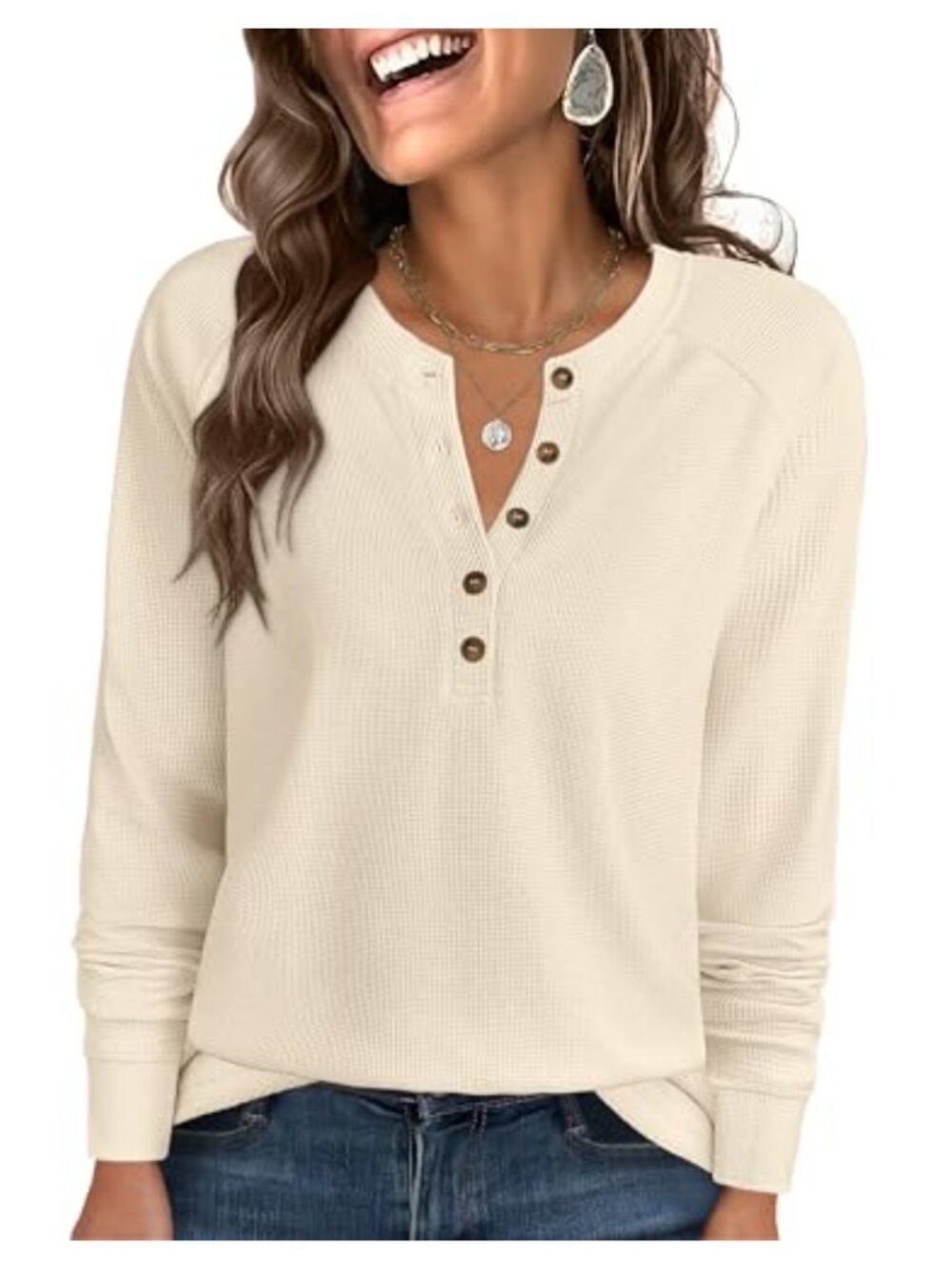Waffle Knit Henley Top Long Sleeve Button Up Tunic Loose Fit